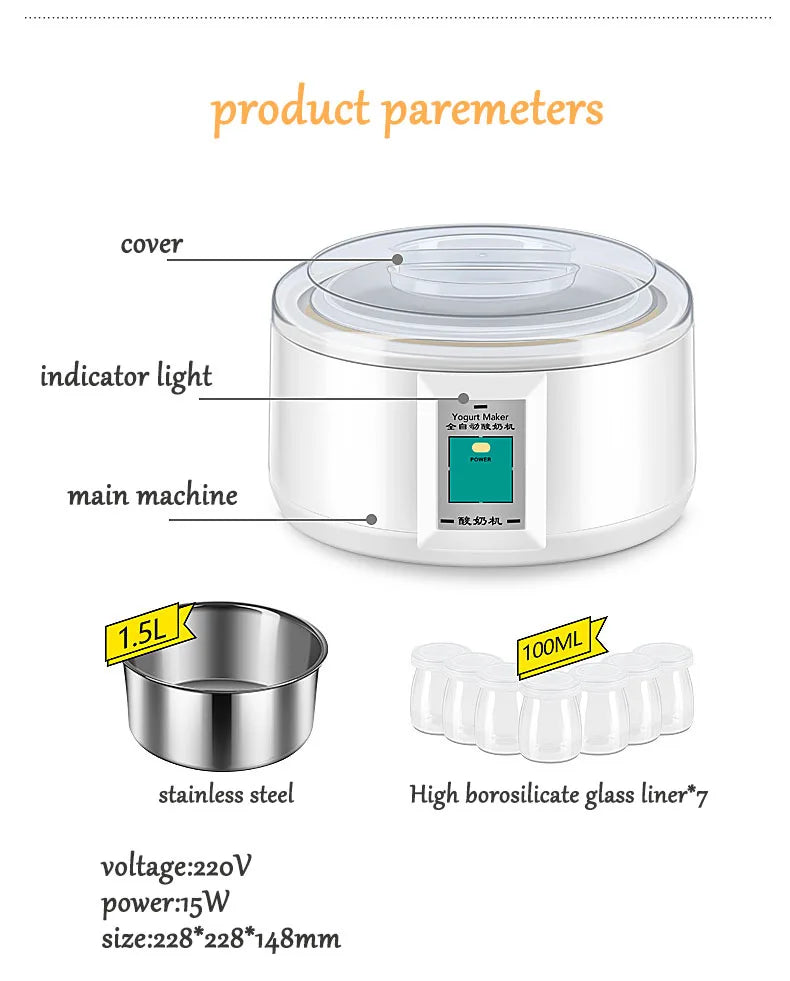 1.5l fabricante de iogurte elétrico fermentador automático multifuncional forro de aço inoxidável natto arroz vinho picles máquina 7 copos de iogurte